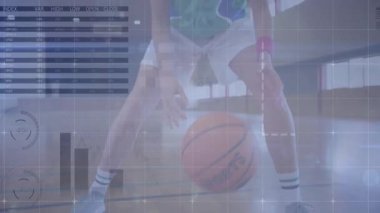 Kadın sporcu sahaya giriyor top sürme talimine başlıyor, spor analizlerini animasyon çizelgeleriyle takip ediyor. Spor, spor, spor, biyomekanik, performans, görselleştirme, yarışma