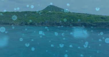 Tropik volkanik ada üzerinde hareketlenen solgun turkuaz ikonlar ticareti temsil etmek için sürükleniyorlar. Ada, dijital, teknoloji, kıyı, hareket, ticaret, soyut