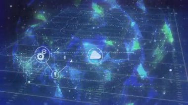 Dönen dünya, bulut simgesi oluşturarak kullanıcı aygıtları ve telefonları ağa bağlıyor. Teknoloji, bağlantı, dijital, siber alan, ağ, yenilik, fütüristik