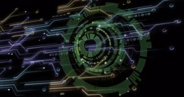 Yeşil çember oluşumu, neon çizgileri, titreşen halkalar, yeniden biçimlendiren görselleştiren veri akışı. Fütürist, teknoloji, dijital, arayüz, siber, hareket, soyut