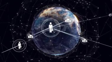 Boşluğun ortaya çıkmasıyla, dönen Dünya küresi bulut işbirliği için ağ çizgileri boyunca ikonlar gönderiyor. Teknoloji, bağlantı, yenilik, siber alan, dijital, küresel, fütürist