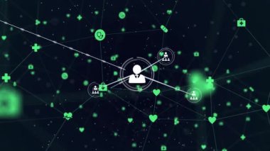 Başlangıçta kullanıcı simgesi sağlık sembolleri olarak görünür, ağ büyümesini gösteren düğümleri birbirine bağlayan çizgiler. Bağlantı, teletıp, dijital sağlık, veri alışverişi, bilgi akışı, sağlık teknolojisi, sistem oluşturma