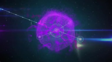 Mor enerji küresi uzayda beliriyor, çizgileri birleştiriyor ve ağ düğümleri oluşturuyor. Soyut, fütüristik, dijital, yenilik, bağlantı, teknoloji, kozmik