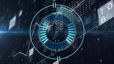 Karanlık şebeke zayıflıyor, UI ortaya çıkıyor, dönen halkalar keneleri hareket ettiriyor grafik çizerek verileri görselleştiriyor. Fütürist, dijital, arayüz, veri, teknoloji, görselleştirme, soyut