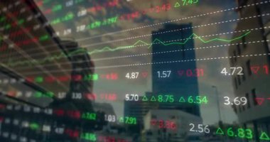 Başlangıçta, borsa kalbi kule üzerinde uçuculuğu göstermek için okları ve grafiği güncelleyen animasyonu kaplar. Kentsel, finans, teknoloji, gökdelen, veri, dijital, kurumsal