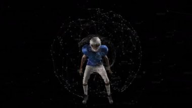 Futbol sporcusu, kaskını düzeltirken kaslarını esnetirken teknoloji küresi de güç için atak yapıyor. Sporcu, spor, fütüristik, güç, eğitim, dijital, rekabet