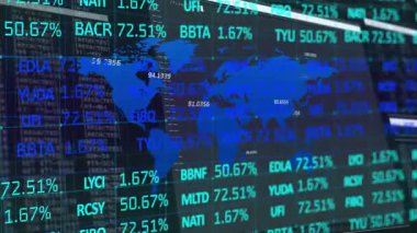 Şeffaf ekranda açılıyor, dünya haritası gösteriliyor, etiketler görsel pazar eğilimlerini güncelliyor. Teknoloji, veri görselleştirme, finansal, dijital, kurumsal, modern, analitik