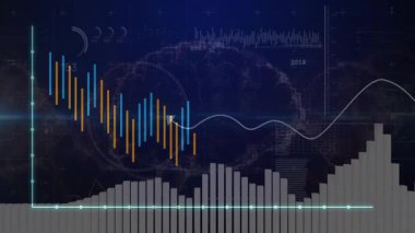 Gösterge paneli yükleniyor, histogram ve renkli çubuklar yükselirken dalga salınıyor, eğilimleri görselleştiriyor. Veri, analitik, gösterge paneli, görselleştirme, teknoloji, grafik, arayüz