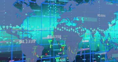 Mavi arkaplanda veri işleme resmi. küresel iş ve dijital arayüz kavramı dijital olarak oluşturulmuş görüntü.