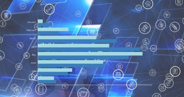 Mavi arkaplan üzerinde simgeler ve veri işleme ile bağlantı ağının resmi. Bağlantı teknolojisi ve dijital arayüz konsepti dijital olarak oluşturuldu.