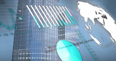 Ofis binalarının üzerindeki grafikler. Küresel iş, finans, ekonomi ve teknoloji konsepti dijital olarak oluşturulmuş imaj,