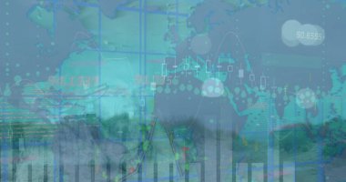 Manzara üzerinde veri işleme resmi. Küresel iş ve dijital arayüz kavramı dijital olarak oluşturulmuş görüntü.