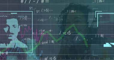 Afro-Amerikan kadınlarının portreleriyle veri işleme görüntüsü. Küresel teknoloji, bilgisayar ve dijital arayüz kavramı dijital olarak oluşturulmuş görüntü.