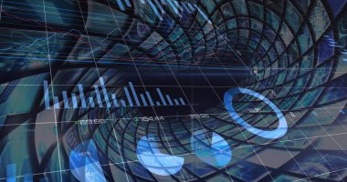 Mavi arkaplan üzerinde çoklu eğimli ekranların istatistiksel veri işleme görüntüsü. Tıbbi araştırma ve bilim teknolojisi kavramı