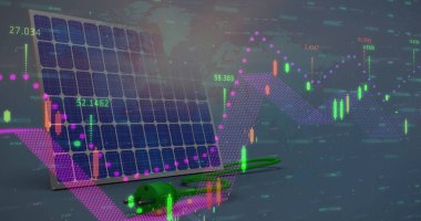 Güneş paneli üzerinden finansal veri işleme görüntüsü. Elektrik, enerji ve güç dağılımı dijital olarak oluşturulmuş görüntü.