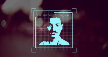 Veri işleme görüntüsü, siyah arkaplandaki ışık noktalarının üzerinde insanların portreleri var. Küresel iş, finans ve dijital arayüz kavramı dijital olarak oluşturulmuş görüntü.
