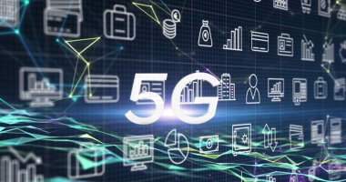 Düşen simgelerin resmi ve koyu arkaplan üzerinde 5G metin. Küresel iş, finans, veri işleme ve dijital arayüz kavramı dijital olarak oluşturuldu.