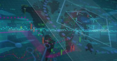 Finansal veri işleme görüntüsü ve dünya haritasında mavi arka planda değişen numaralar. Küresel ağ ve iş teknolojisi kavramı