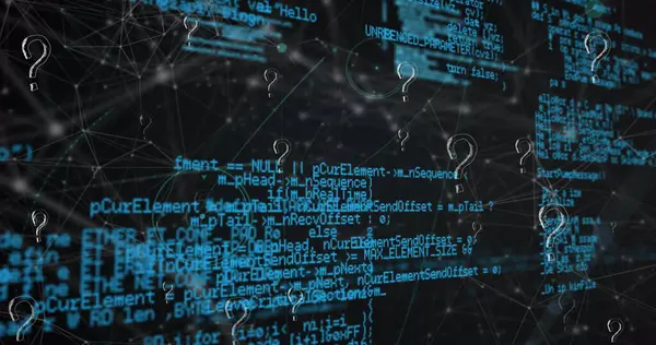 Siyah arkaplanda bağlantı ağı ve veri işleme ağı üzerine soru işareti simgelerinin resmi. Küresel bağlantılar ve dijital arayüz konsepti dijital olarak oluşturuldu.