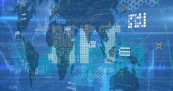Veri işleme resmi ve mavi arkaplan üzerinde dünya haritası. Küresel iş ve dijital arayüz kavramı dijital olarak oluşturulmuş görüntü.