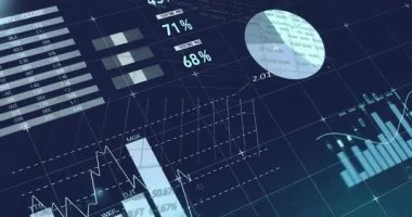 Yükleme, gösterge paneli göstergeleri düşüyor ve yükseliyor, grafikler ayarlanıyor, etiketler verileri yenilemek için soluyor. Veri görselleştirme, analitik, dijital arayüz, gösterge paneli tasarımı, bilgi teknolojisi, modern ui, veri analizi