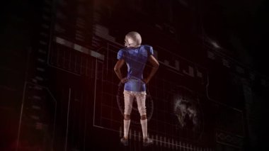 Futbolcu, duruşu ve kolları T ve V şeklinde uzatırken teknoloji HUD taraması yapıyor. Futuristik, dijital, spor, teknoloji, analitik, yenilik, performans