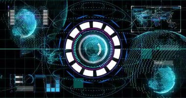 Şebeke yanıp sönen başlatma arayüzü, halka taraması yay doldurma verileri haritalama titreşimli küreler. Gelecek, holografi, görselleştirme, teknoloji, veri, arayüz, siber
