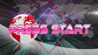 Dünya dönüyor, neon-pembe metin soluyor, elmas titreşimler, koridor kayması, başlık ortaya çıkıyor. Gelecek, dijital, animasyon, teknoloji, siber, sanal, neon