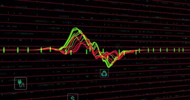 Dijital ızgara açılırken dalga biçimi zirveye çıkarken simgeler veri eğilimlerini görselleştiriyor. Teknoloji, analitik, veri, görselleştirme, arayüz, simülasyon, dijital