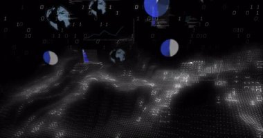 Çift haneli rakamlar, veri dalgası ağ dalgaları, ortaya çıkan dünya simgeleri, veri gösterimini güncelleyen grafikler. Siber uzay, veri görselleştirme, dijital ağ, fütüristik, soyut, teknoloji, yenilik