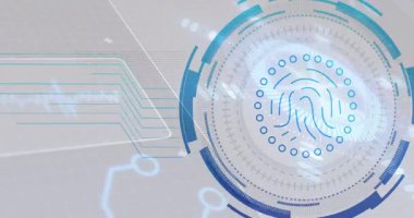 Noktalı ızgara, kimlik doğrulama için parmak izi taramasına bağlanan devre çizgilerini başlatıyor. Teknoloji, yenilik, güvenlik, biyometrik, fütüristik, arayüz, tasarım