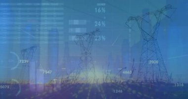 Veri etiketleri çelik kulelerin, parmaklıkların, çizelgelerin, animasyonların ve güç istatistiklerinin üzerinde beliriyor. Sanayi, altyapı, veri görselleştirme, enerji, teknoloji, grafik animasyonu, kentsel-kırsal