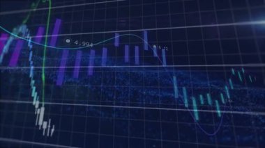 İşaretler patladığında, şamdan çubukları aşağı iniyor ve pazar değişimini gösteren trend çizgileri yükseliyor. Finans, analitik, grafik, veri, yatırım, teknoloji, görselleştirme