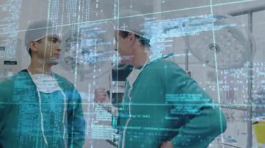 Cerrah ameliyathanede prosedürü başlatmaya çalışıyor. Meslektaşı dijital kod kaydırması olarak cevap veriyor. Tıbbi, teknoloji, danışma, steril, işbirliği, profesyonel, yüksek teknoloji