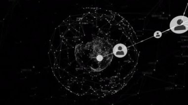 Dönüşler başladıktan sonra, 3 boyutlu dünya kullanıcı simgeleri oluşturur, çizgileri genişletir, ağ büyümesini görselleştirir. Soyut, gelecekçilik, bağlantı, minimalizm, teknoloji, siber uzay, yenilik