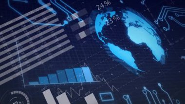 Karanlık şebeke veri güncellemesi başlatılıyor, dünya dönüyor, gösterge düşüyor, kaydırma işlemleri kaplanıyor. Fütürist, teknoloji, analitik, dijital, soyut, veri görselleştirme, siber güvenlik