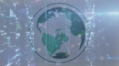 Başlangıçta dijital küre dönerken, akıntılar artar ve küresel veri akışını gösteren düğümler titreşir. Gelecek, teknoloji, dijital, ağ, veri, siber, soyut