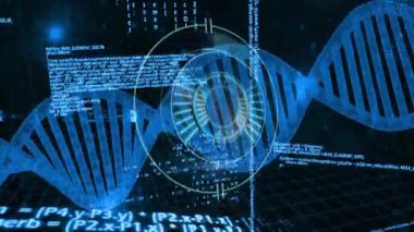 Karanlık ızgarada ortaya çıkan yarı saydam mavi sarmal sinyal halkaları ve veri taramasını gösteren akış kodu. Teknoloji, dijital, fütürizm, veri, siber güvenlik, yenilik, soyut