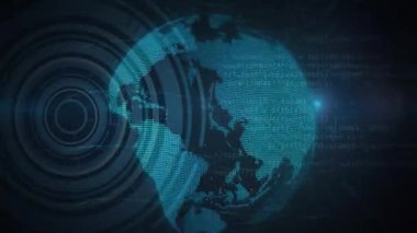 HUD halkaları titreşiyor ve dönen küreye neden oluyor. Verileri gösteren kodlarla kıtaları ortaya çıkarıyor. Gelecek, teknoloji, arayüz, veri, görselleştirme, dijital, siber