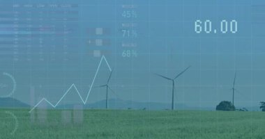 Rüzgar türbinlerini kaplayan şebeke örtüsü, yükselen rakamlar, efsanevi ve haritalı çizelgeler. Yenilenebilir, analitik, görselleştirme, sürdürülebilirlik, altyapı, veri, dijital