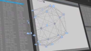 Kamera görüntüsünü değiştirirken ağ küresi dönüyor, kod düzenleyici olarak görünen darbe düğümleri güncelleniyor. Teknoloji, siber güvenlik, veri, dijital, yenilik, arayüz, geleceksel