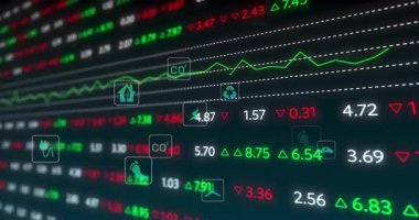 Değişen değerleri ve eko metrikleri vurgulayan simgeleri gösteren yeni verileri gösteren 3D ızgara kaydırılıyor. Analizler, finans, sürdürülebilirlik, görselleştirme, veri, teknoloji, eko-verimlilik