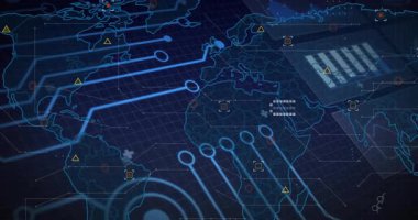 Başlangıçta, dünya haritası yumurtlama devreleri, uyarı simgeleri ve izleme ağı için değişen altıgen şebekeleri. Teknoloji, yenilik, siber güvenlik, analitik, görselleştirme, veri, dijital