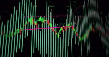 Şamdanlar güncellenirken, cyan çubukları yükselip alçalıyordu, çizgiler eğilimi gösteriyordu. Finansal analiz, dijital panel, veri görselleştirme, pazar eğilimleri, ekonomik tahmin, teknik göstergeler, analitik arayüz