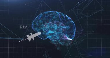 3 boyutlu beyin modelleme rotasyonunda, İHA simgesi sinirsel hedef bölgeye girip çıkıyor. Sinirsel, tutarlı, holografik, yenilik, soyut, teknoloji, görselleştirme