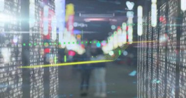 Sarı çizgi neon caddede beliriyor, çubuklara dönüşüyor 3 boyutlu ok oluşturarak pazar trendini canlandırıyor. Gelecekçi, veri, teknoloji, kentsel, neon, görselleştirme, dijital