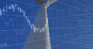 Rüzgar türbini, teknisyenler platforma tırmanırken finansal tabloların yüzdelerini değiştiriyor. Yenilenebilir enerji, finans, teknoloji, yenilik, sürdürülebilirlik, mühendislik