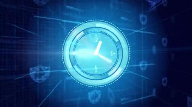 Parlayan neon mavi saat halka darbesi el değiştirme kodu ve güvenlik için kalkan. Teknoloji, siber güvenlik, dijital, yenilik, fütüristik, arayüz, ağ