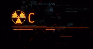 Başlangıçta parlayan tehlike simgesi titreşimi, uyarı metni zayıflıyor, radar dönüyor, eylem talep ediyor. Tehlike, uyarı, dijital, siber güvenlik, arayüz, alarm, yüksek teknoloji