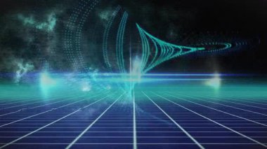 Kozmik ufukta beliren küçük deniz mavisi nokta yayı kıvılcımlar saçarak dönen spiral animasyonları görselleştiriyor. Fütürist, soyut, teknoloji, dijital, kozmik, neon, spiral